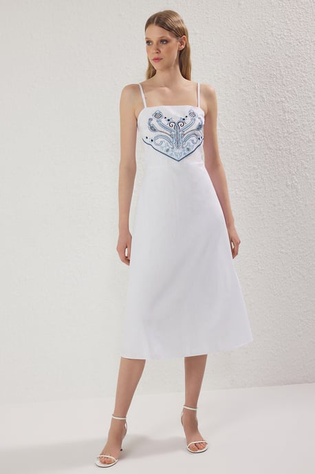 Ecru Broderad / Broderad Midi-klänning för kvinnor, casual/daglig, vanlig klänning - Image 1
