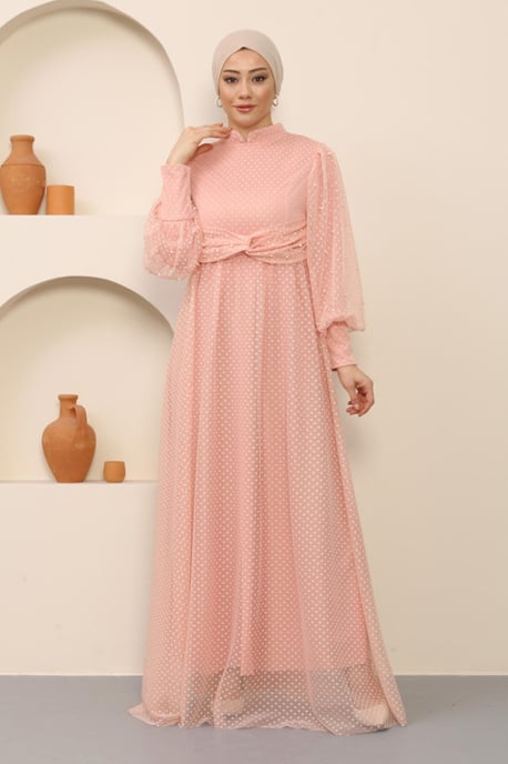 Pearl Detailed Tulle Evening Dress Powder - Image 2