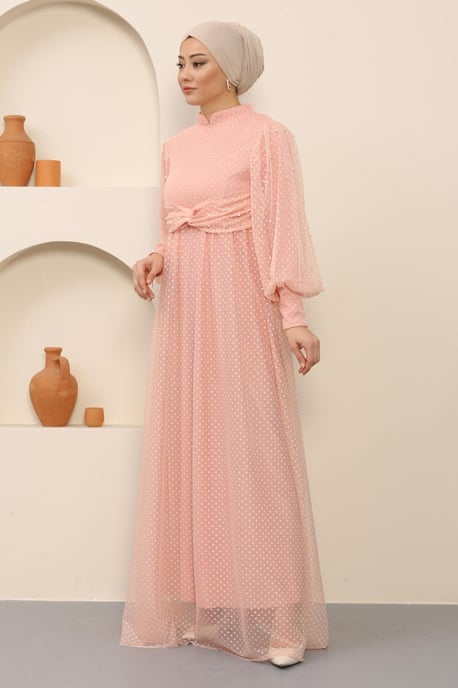 Pearl Detailed Tulle Evening Dress Powder - Image 3