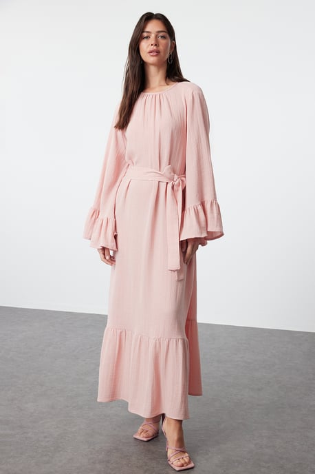 Roze maxi-jurken voor dames in effen kleuren, casual, relaxed en bescheiden stijl. - Image 2