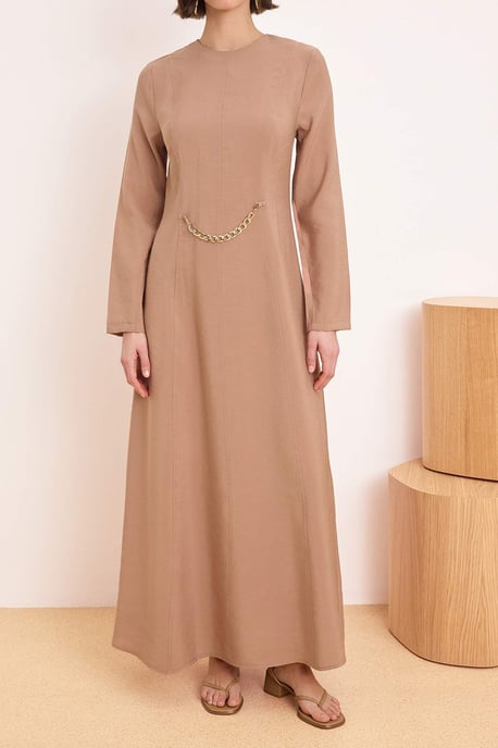 Brun platt maxilång klänning med A-linjeformad hijab för damer, avslappnad/vardaglig - Image 2