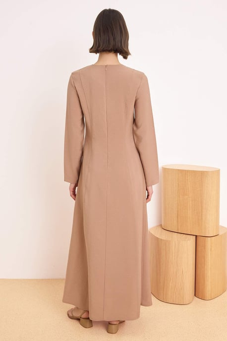 Brun platt maxilång klänning med A-linjeformad hijab för damer, avslappnad/vardaglig - Image 3