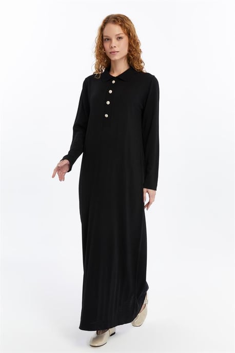 Women's Shirt Collar Detailed Half Placket Thin Seasonal Cold Yarn Knitwear Dress Black - Image 1