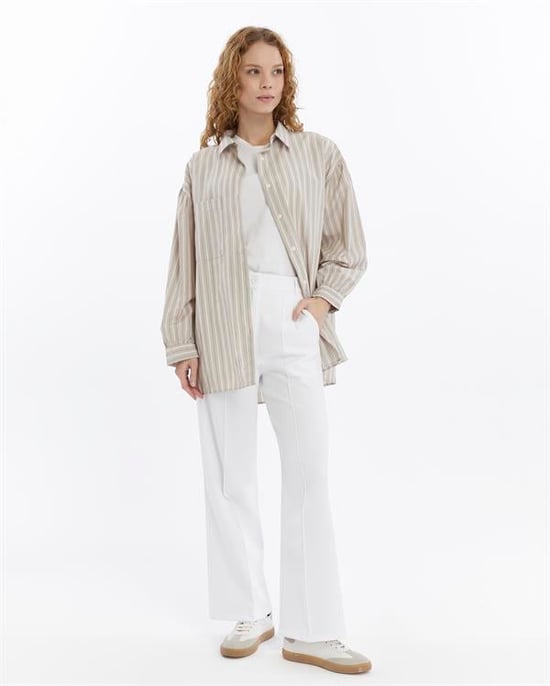 Women's Double Crepe Grass Stitch Detailed Pocketed Palazzo Trousers White - Image 6