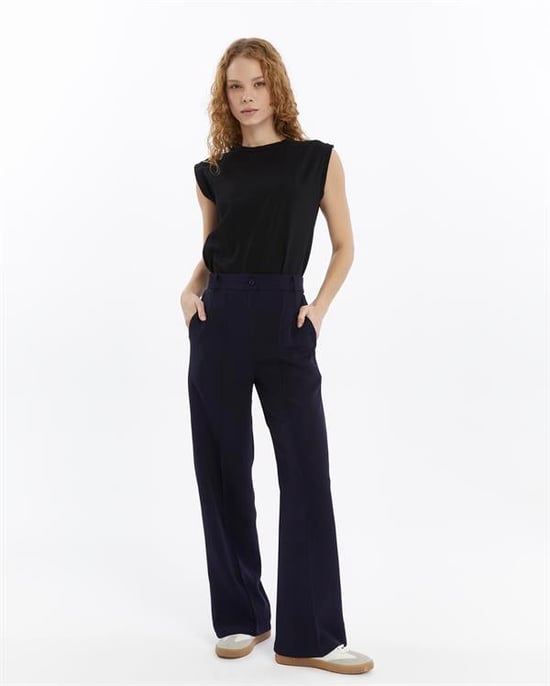 Women's Double Crepe Grass Stitch Detailed Pocketed Palazzo Trousers Navy Blue - Image 2
