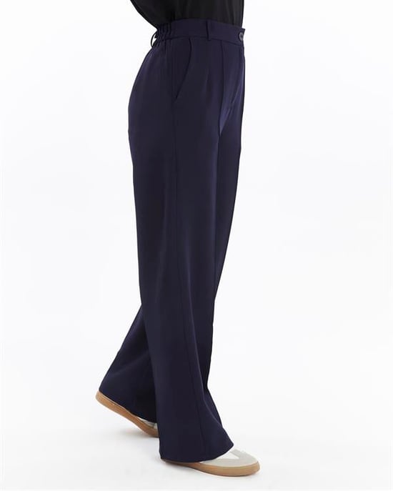 Women's Double Crepe Grass Stitch Detailed Pocketed Palazzo Trousers Navy Blue - Image 3