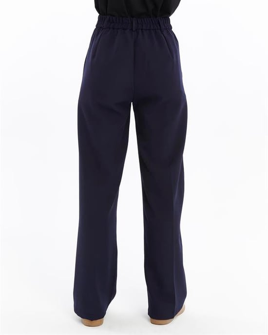 Women's Double Crepe Grass Stitch Detailed Pocketed Palazzo Trousers Navy Blue - Image 4