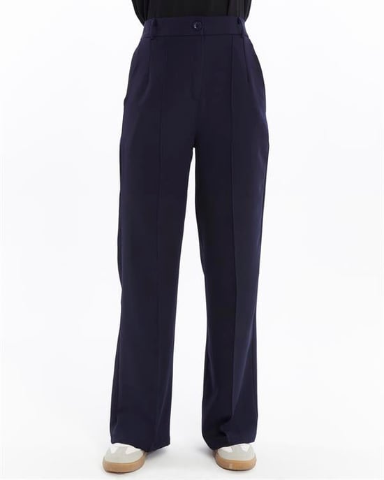 Women's Double Crepe Grass Stitch Detailed Pocketed Palazzo Trousers Navy Blue - Image 5