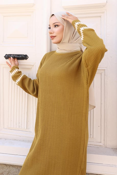 Mönstrad Stickad Klänning Khaki - Image 4