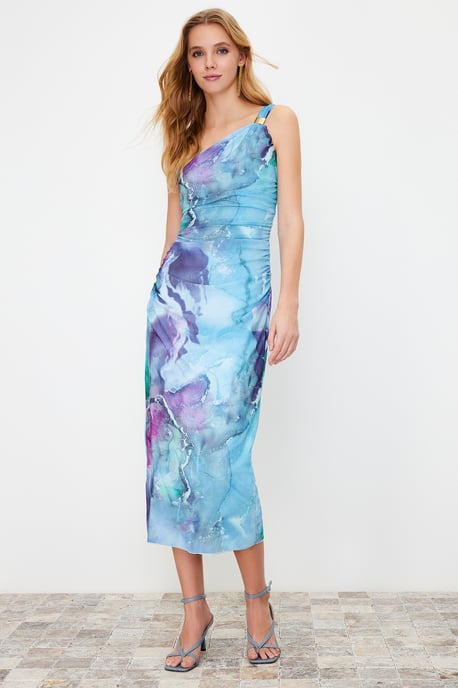 Abstracte midi-jurken voor dames met één schouder, casual en nauwsluitende pasvorm - Image 1