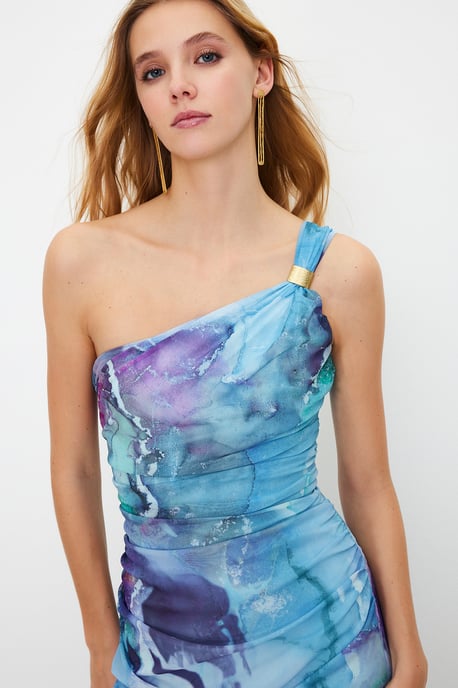 Abstracte midi-jurken voor dames met één schouder, casual en nauwsluitende pasvorm - Image 2