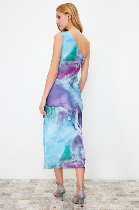 Abstracte midi-jurken voor dames met één schouder, casual en nauwsluitende pasvorm - Image 3