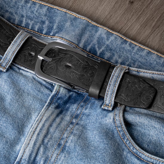 Embossed Leather Lined Belt for men - Western Style 1.25" belt in Black - Image 2