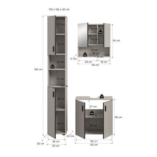 Furnilux Badcombinatie kasjmier look 3-delige set met spiegelkast en wastafel - Image 6