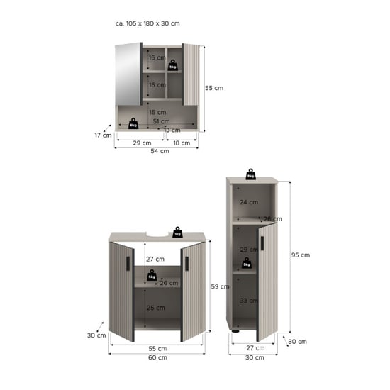 Furnilux Badcombinatie set kasjmier 3-delige badkamer meubels spiegelkast en wastafel - Image 5