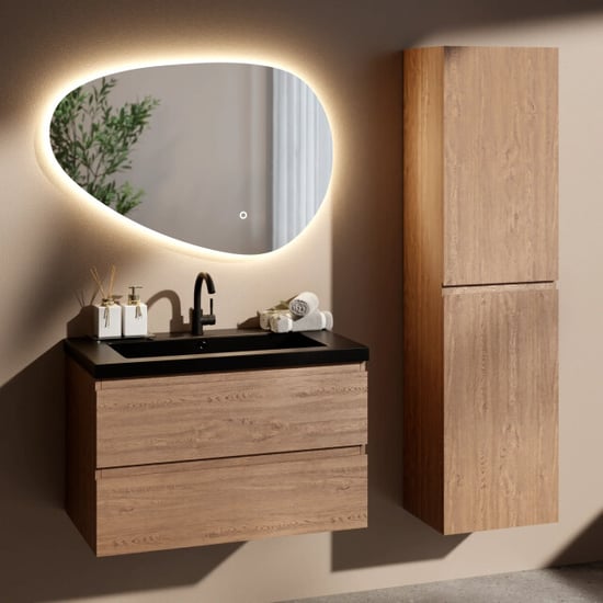 Mirlux Badkamermeubel set verona 80 cm warm eiken wastafel zwart - Image 1