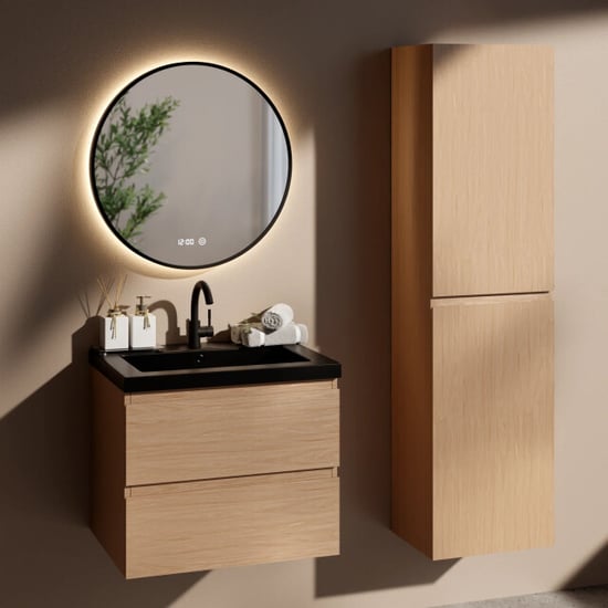 Mirlux Badkamermeubel set monaco 60cm licht eiken wastafel zwart - Image 1