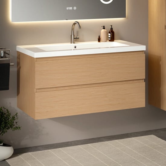 Mirlux Badkamermeubel set amara 100cm licht eiken wastafel wit - Image 4