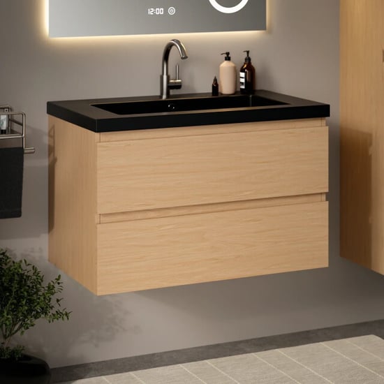 Mirlux Badkamermeubel set monaco 80cm licht eiken wastafel zwart - Image 6
