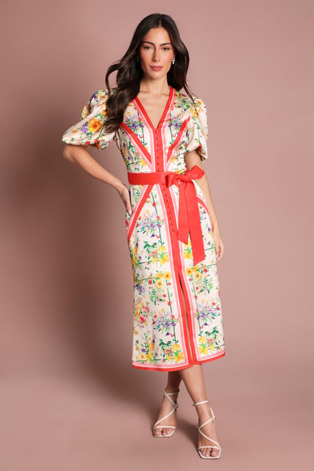 V Neck Puff Sleeve Scarf Print Satin Midi - Image 1