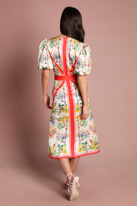 V Neck Puff Sleeve Scarf Print Satin Midi - Image 3