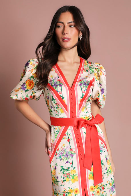 V Neck Puff Sleeve Scarf Print Satin Midi - Image 4