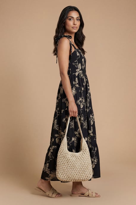 Petite Metallic Embroidered Floral Strappy Tie Midi Dress - Image 1