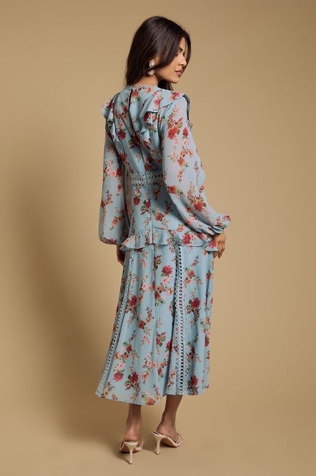 Petite Chiffon Printed Lace Trim Detail Ruffle Midi Dress - Image 3