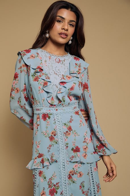 Petite Chiffon Printed Lace Trim Detail Ruffle Midi Dress - Image 4