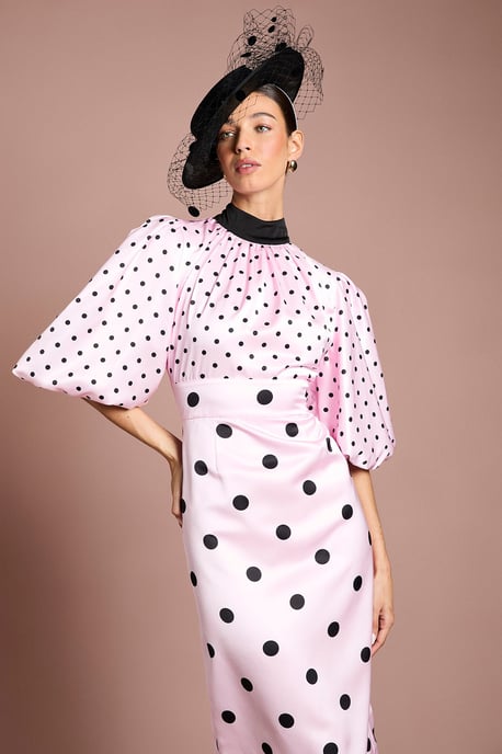 Lisa Tan Puff Sleeve High Neck Spot Satin Midi Dress - Image 2