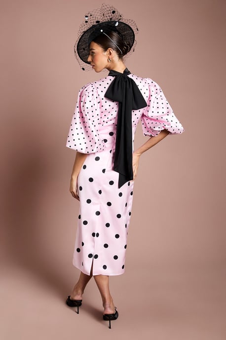 Lisa Tan Puff Sleeve High Neck Spot Satin Midi Dress - Image 3