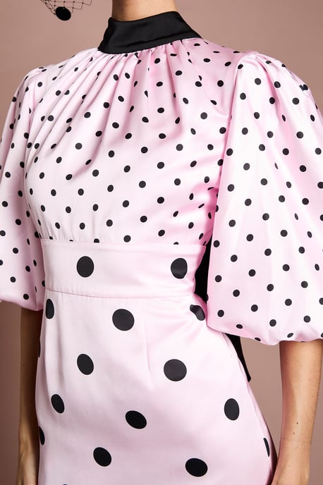 Lisa Tan Puff Sleeve High Neck Spot Satin Midi Dress - Image 5