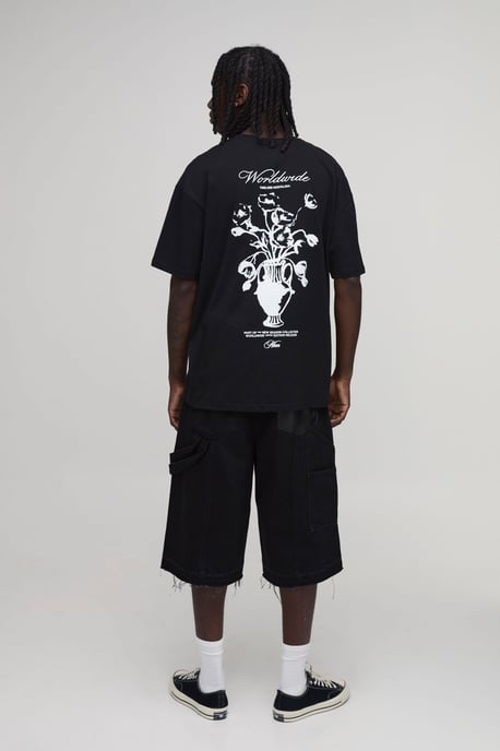 Black Oversized Floral Vase Print T-Shirt - Image 2