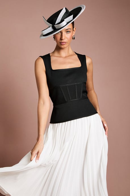 Lisa Tan Mono Bandage Peplum Georgette Pleated Skirt Midi Dress - Image 4