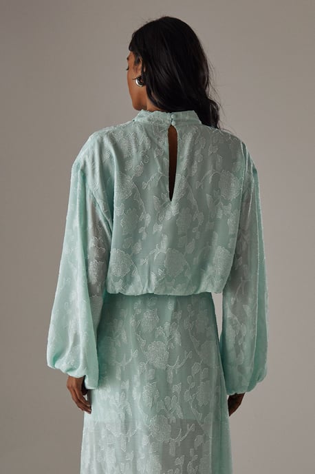 Chiffon Jacquard High Neck Slash Front Blouse - Image 3
