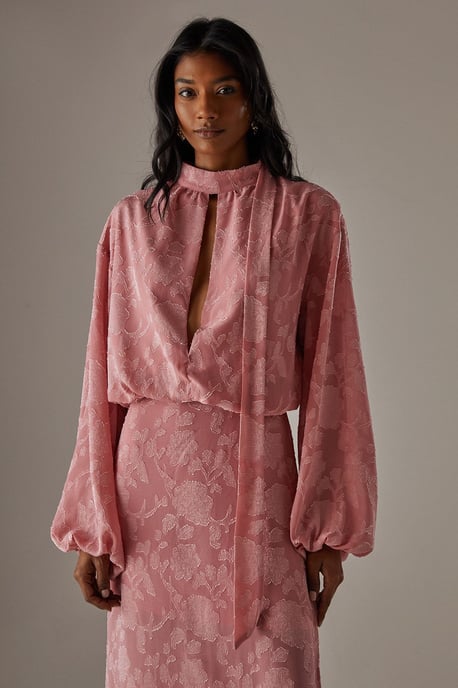 Chiffon Jacquard High Neck Slash Front Blouse - Image 2
