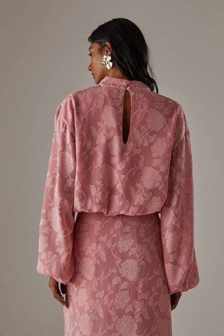 Chiffon Jacquard High Neck Slash Front Blouse - Image 3