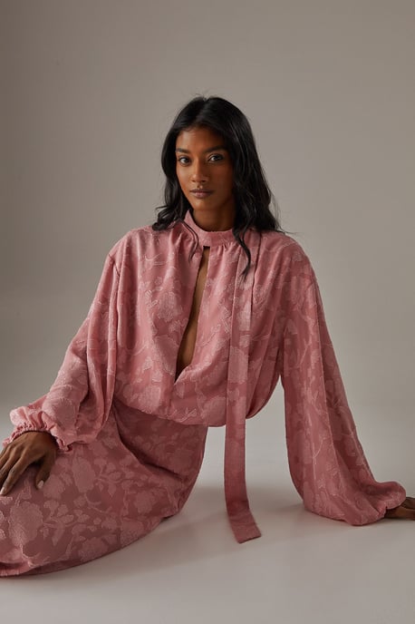 Chiffon Jacquard High Neck Slash Front Blouse - Image 4