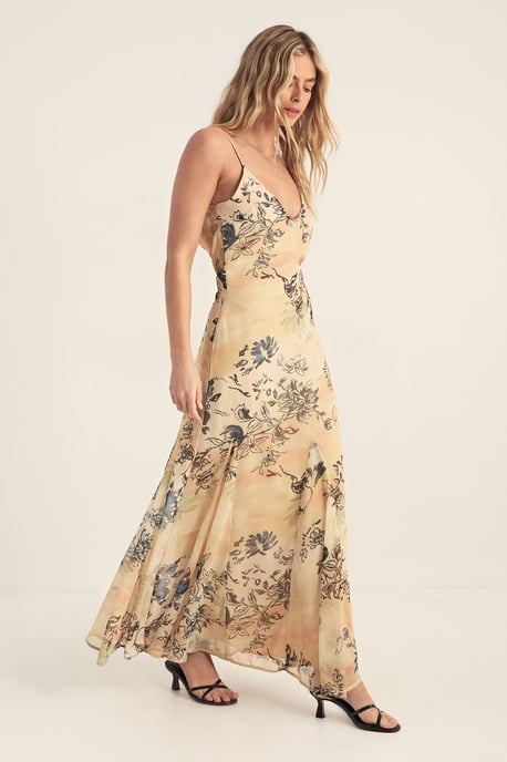 Chiffon Painted Floral Godet Cowl Maxi Dress - Image 1