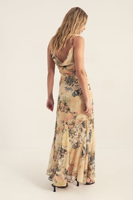 Chiffon Painted Floral Godet Cowl Maxi Dress - Image 4
