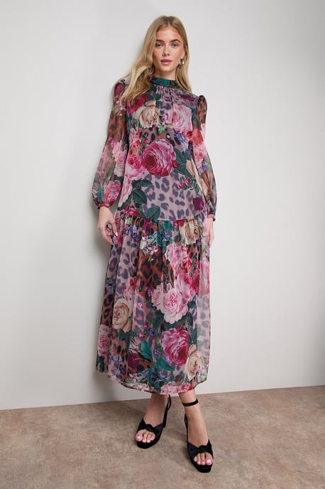 Printed Dropped Curved Waist Long Sleeve Maxi Dress - Image 1