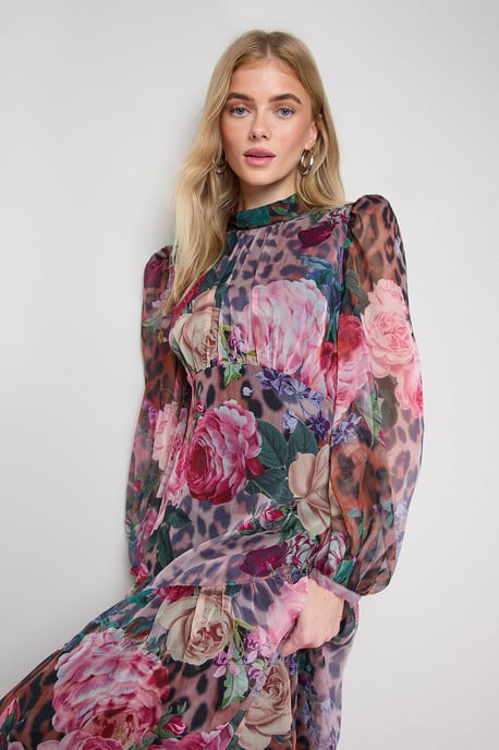 Printed Dropped Curved Waist Long Sleeve Maxi Dress - Image 2