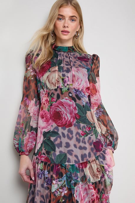 Printed Dropped Curved Waist Long Sleeve Maxi Dress - Image 4