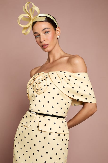Lisa Tan Spot Print Corsage Off The Shoulder Pencil Dress - Image 2