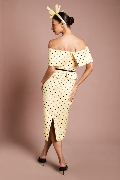 Lisa Tan Spot Print Corsage Off The Shoulder Pencil Dress - Image 3