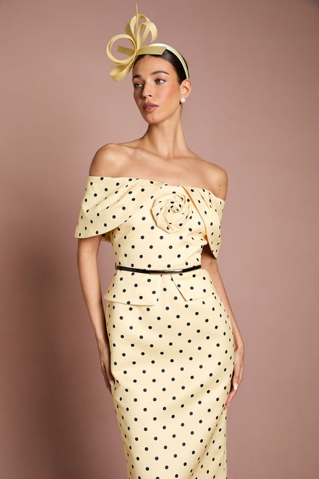 Lisa Tan Spot Print Corsage Off The Shoulder Pencil Dress - Image 4