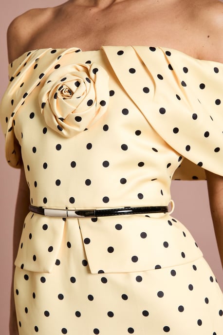 Lisa Tan Spot Print Corsage Off The Shoulder Pencil Dress - Image 5