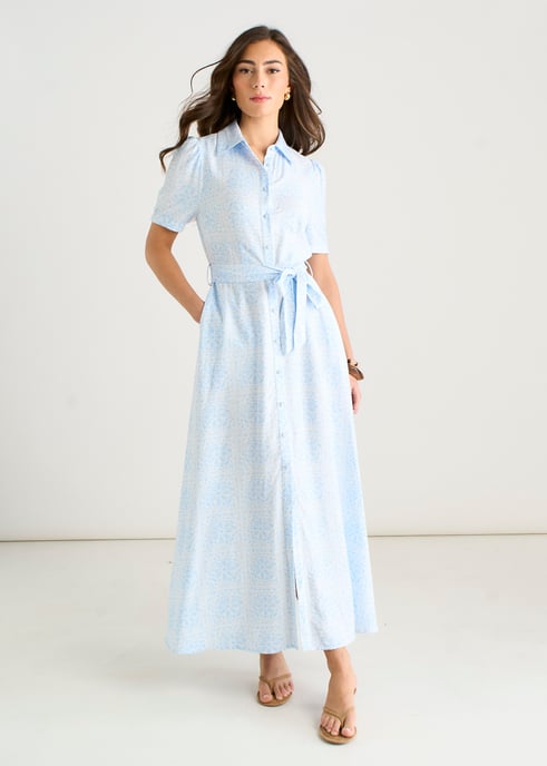 Maxi-shirtjurk van katoenmix met blauwe tegeldruk en knoopsluiting - Image 1
