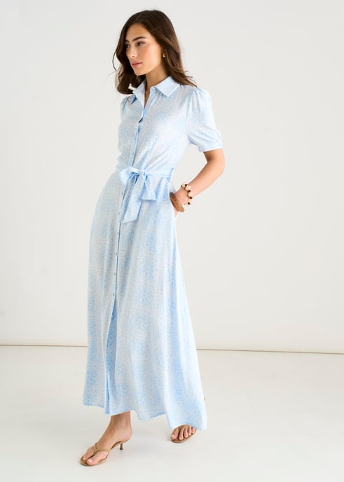 Maxi-shirtjurk van katoenmix met blauwe tegeldruk en knoopsluiting - Image 3