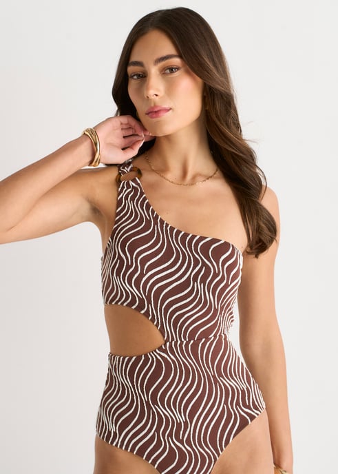 Brown Textured Abstract One Shoulder Swimsuit - Image 2